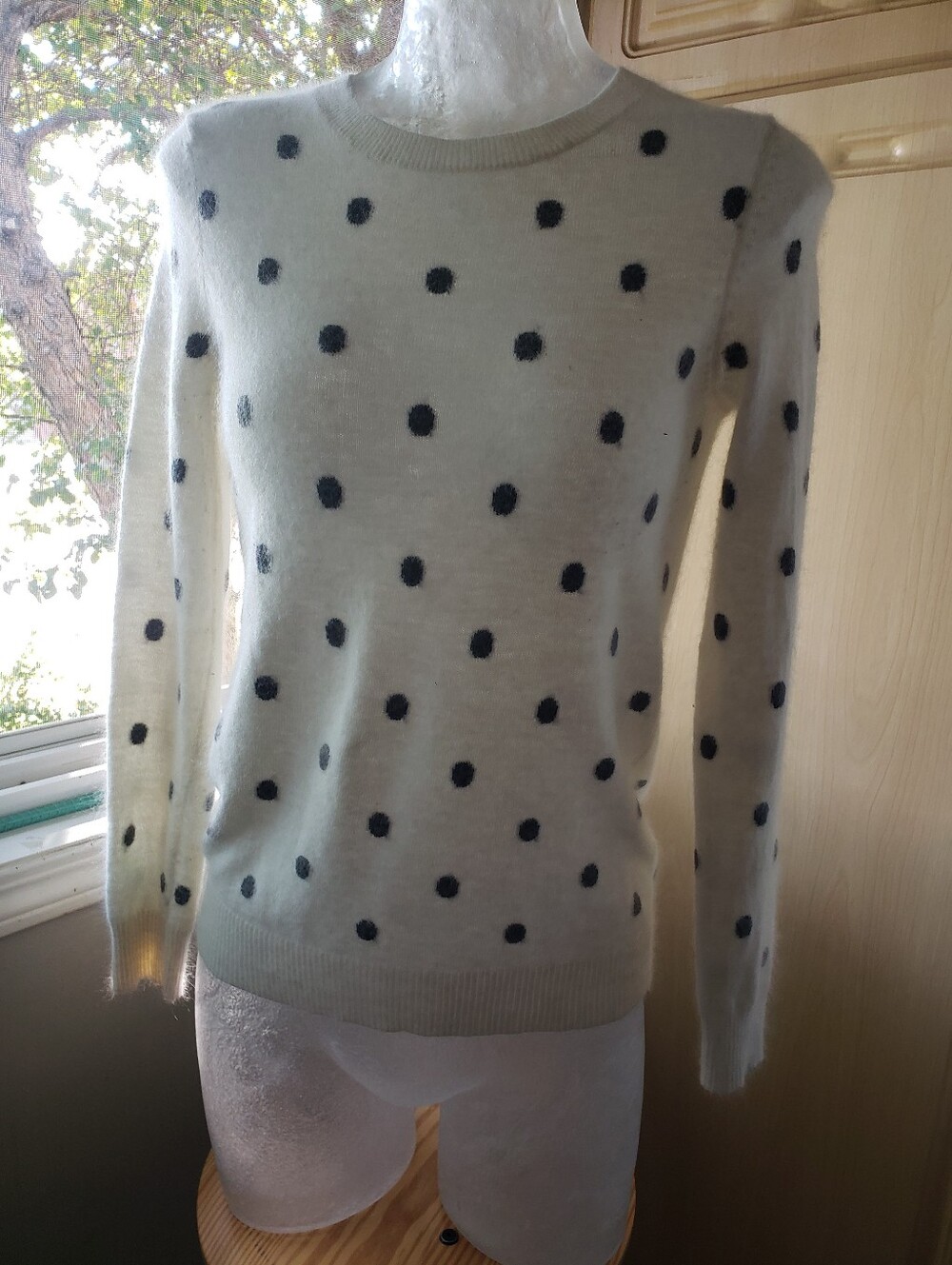 Kenar Cream Cashmere Angora Blend Crewneck Sweater with Black Polka Dots
